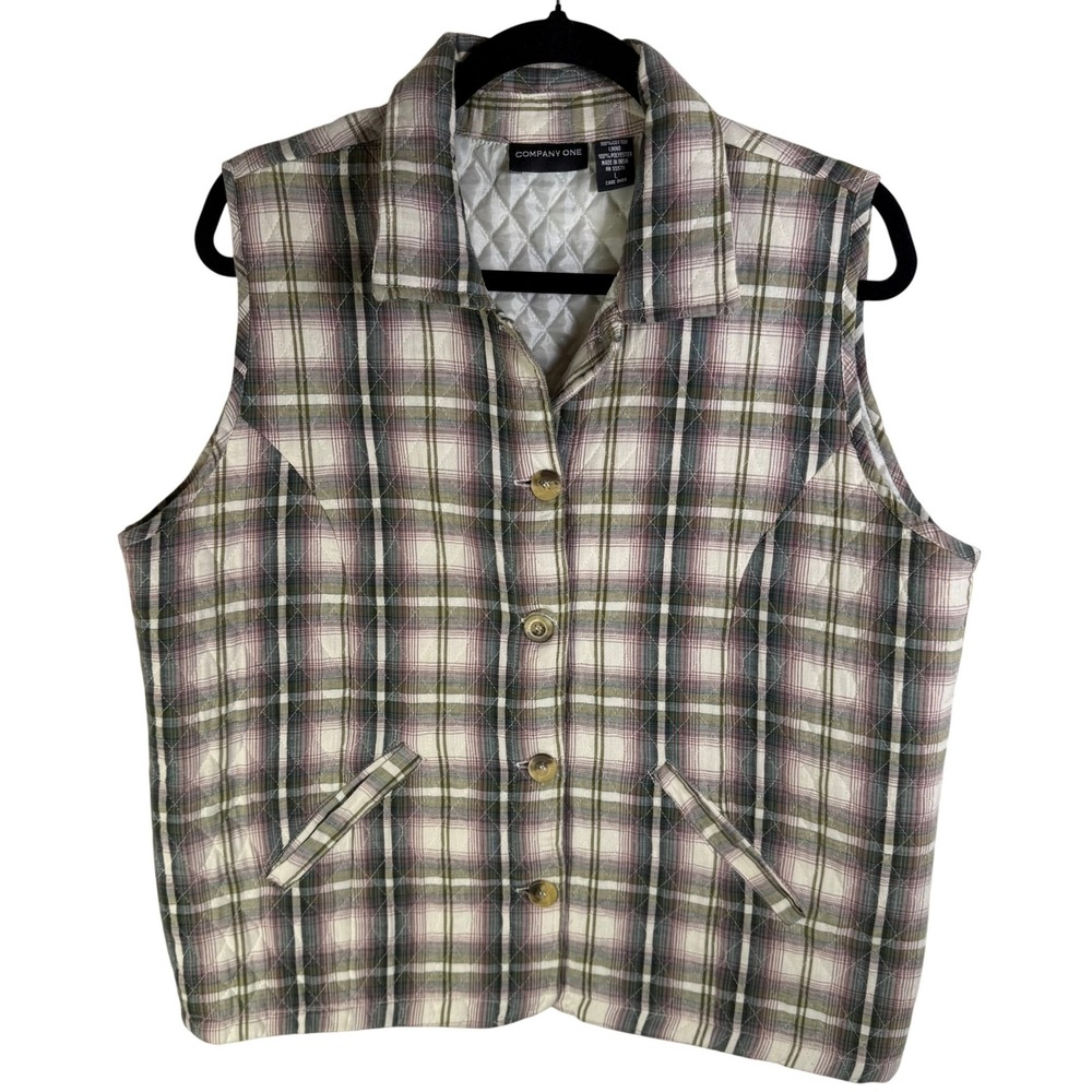 Company One Women L Quilted Plaid Vest Green Purple Cotton Button Front Collared